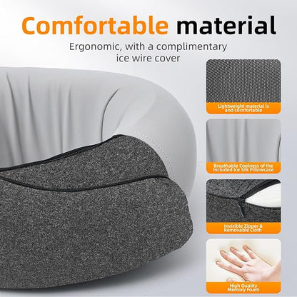 Travel Neck Pillows for Airplanes, Premium 100% Memory Foam Neck Pillow with Alternative Cooling Ice Silk Cover - Upgrade Liner Enables Easy Pillowcase Cleaning, Travel Pillow Fits Plane, Car, Train