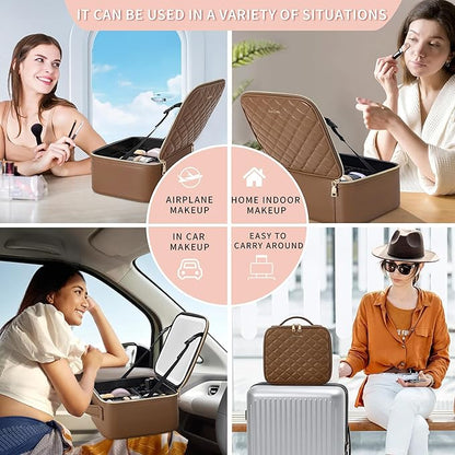 Travel Makeup Bag with LED Mirror – Waterproof Cosmetic Train Case with Adjustable Dividers, Portable Makeup Organizer and Toiletry Bag for Women, Pink Teens & Girls Gift