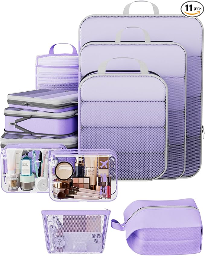 Veken 11 Set Compression Packing Cubes for Travel Essentials,Compressible Expandable Large Luggage Suitcase Organizer Bags for Clothing,Durable Space Saver Storage Bags(Light Purple)