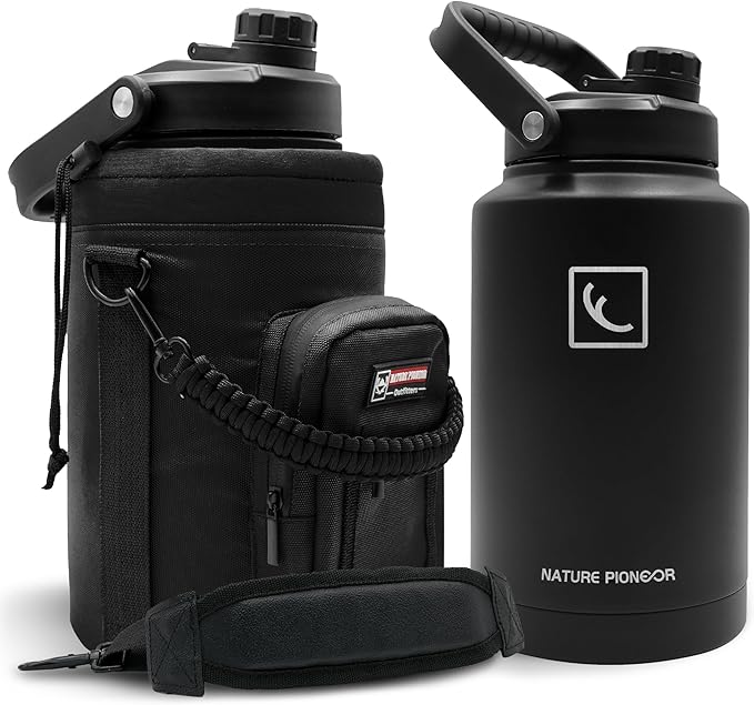 NATURE PIONEOR One Gallon Water Bottle Insulated - Large Double Vacuum Stainless Steel 128 oz Water Bottle with Holder/Carrier, 1 Gallon Water Jug,128oz, Wide Mouth