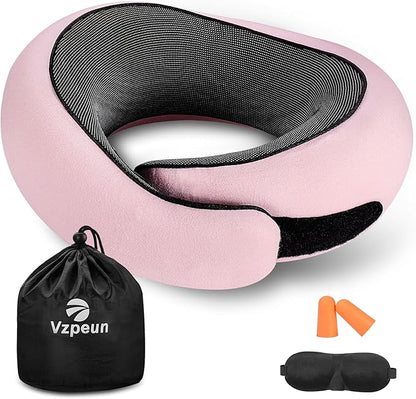Neck Travel Pillow | Memory Foam Neck Pillow for Comfort on Airplane, Compact Ergonomic Design for Traveling, Car Rides, Home Offices Use, Ideal for Adults Women Men (Pink)