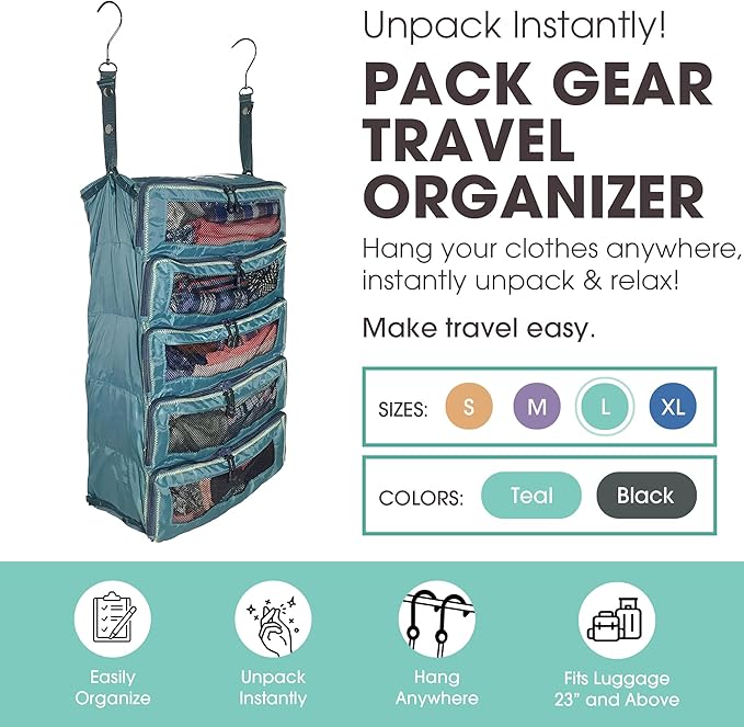 Pack Gear Hanging Suitcase Organizer - Our Large Hanging Luggage Organizer Fits Any Suitcase - Our Packing Cubes For Travel Uses Mesh Windows to Make it Easy to Find your Clothes (Green, L)