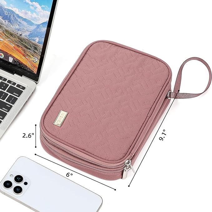NISHEL Travel Cord Organizer Case, Double Layers Tech Electronic Bag, Essentials for Charger, Cable, Phone, Flash drive, Large, Rose-wood Pink
