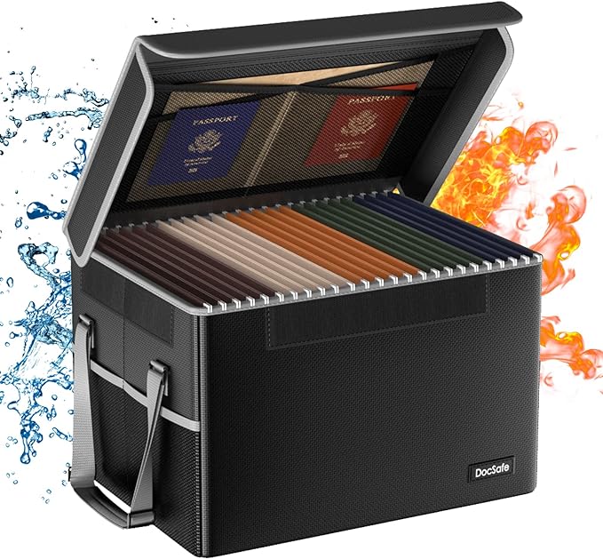 DocSafe File Box Fireproof File Storage Organizer with Lid,Collapsible Document Storage Filing Case for Hanging Letter/Legal Folders,Portable Home Office Safe Cabinet with Handle,Black