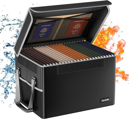 DocSafe File Box Fireproof File Storage Organizer with Lid,Collapsible Document Storage Filing Case for Hanging Letter/Legal Folders,Portable Home Office Safe Cabinet with Handle,Black