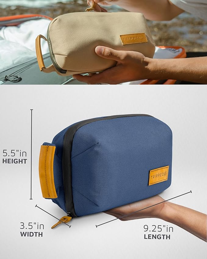 TRIPPED Travel Gear Tech Bag Organizer - Small Electronics Organizer Pouch for Travel - Premium Travel Case with Leather Accents - Mesh Pocket for Cables, Cords and Chargers (Navy)