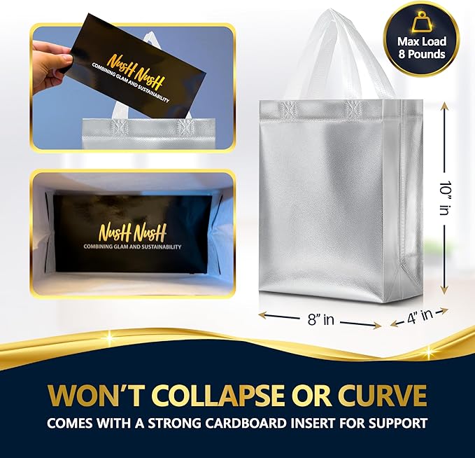 Nush Nush Set of 30 Silver Gift Bags in Bulk – Reusable Gift Bags Bulk Medium Size with Handle - Ideal Party Goodie Bag for Adults, Christmas, Birthday Party Favors, Wedding, Thanksgiving – 8x4x10