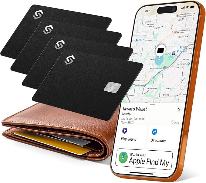 SPOTMINDERS Apple MFi Certified Credit Card Wallet Tracker PRO 4-Pack (iOS Only) Works with Apple Find My Tracking Card for Wallet Rechargeable Tag IP68 0.07in Slim iPhone Item Finder for Tags Luggage