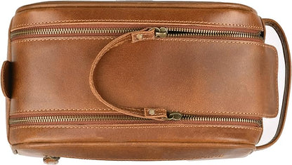LEATHER VILLAGE Premium Leather Toiletry Travel Pouch With Waterproof Lining - Sun Tan | King-Size Handcrafted Vintage Dopp Kit Bag, Shaving & Bathroom Organizer, Gift for Men & Women
