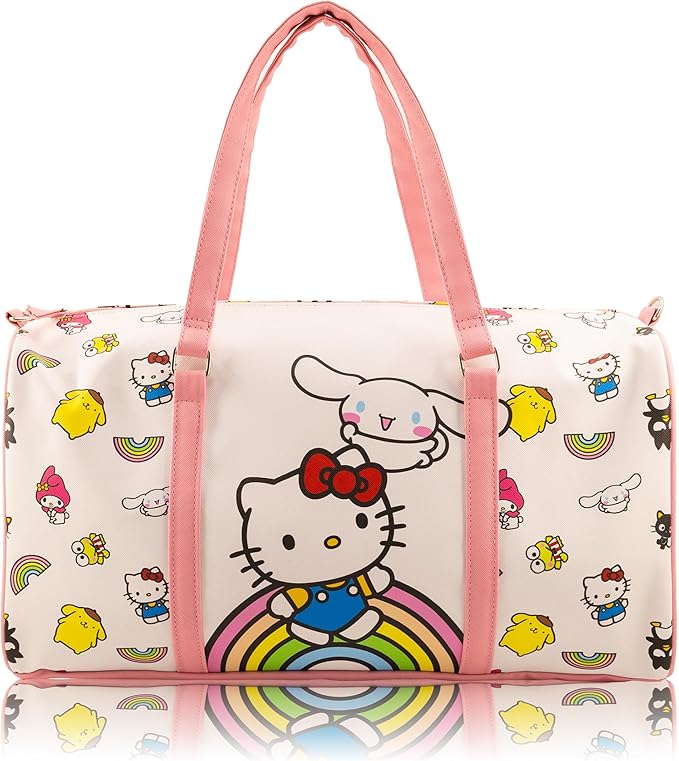 Sanrio Hello Kitty & Friends Rainbow Mini Duffle Bag for Girls | Small Travel Bag with Cinnamoroll | Lightweight Overnight Bag with Adjustable Strap | Ages 3+