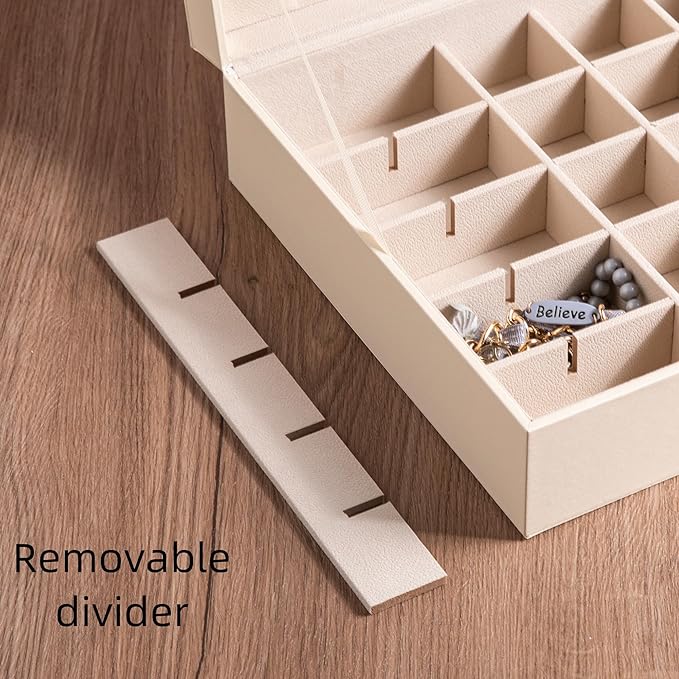 Frebeauty Earring Organizer Classic Jewelry Box 50 Slots Double Layer Jewelry Storage Case with 6 Necklace Hook and Bracelet Pocket(Beige)