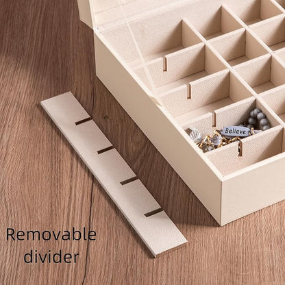 Frebeauty Earring Organizer Classic Jewelry Box 50 Slots Double Layer Jewelry Storage Case with 6 Necklace Hook and Bracelet Pocket(Beige)