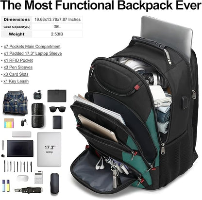 Boavan Laptop Backpack for men, 17.3 inch Laptop Bag with USB Port, Waterproof Travel Work Backpack Purse, Anti-Theft Teacher Nurse Doctor Casual Bookbags Office Business backpack，Black&Deep Juniper