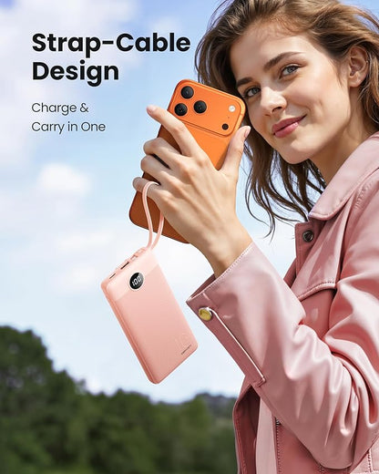 Portable Phone Charger, Slim 10000mAh Power Bank with Cords Wires, Battery Pack 5 Outputs 2 Inputs LED Display Compatible with iPhone/Android & More (Pink)