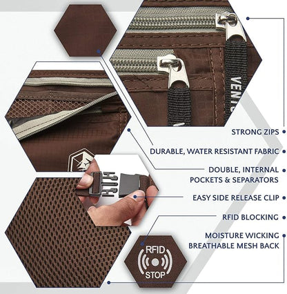 VENTURE 4TH Travel Money Belt - Slim Passport Holder RFID Blocking Travel Pouch to Protect Cash, Credit Cards and Travel Documents (Brown)