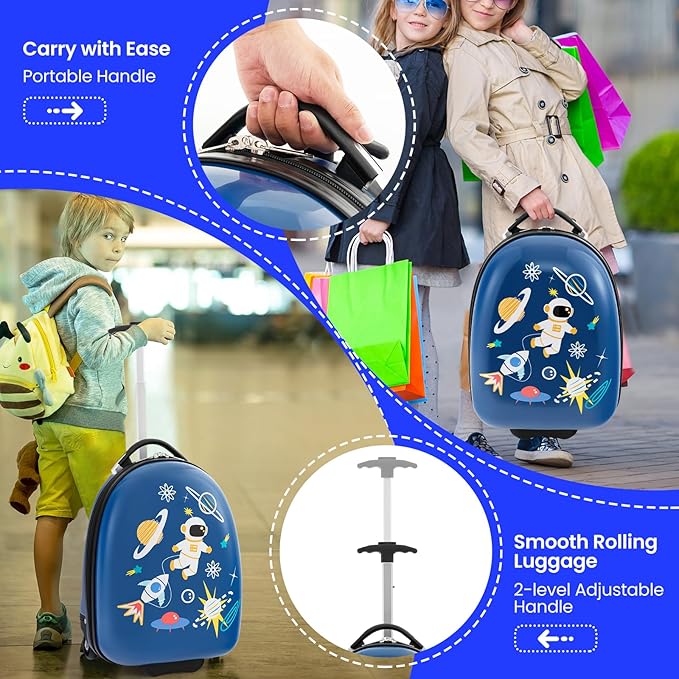 HONEY JOY Kids Luggage, 16” Children Rolling Suitcase w/Wheels & Telescopic Handle, Hard Shell Lightweight Travel Luggage for Toddlers, Carry On Luggage with Wheels for Boys Girls(Blue Astronaut)