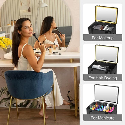 Makeup Train Case with LED Mirror, Rolling Makeup Case with Drawers, Cosmetology Case on Wheels, Gift, Travel Makeup Organizers, Profesional Cosmetic Case for Salon Barber,Nail,Tattoo, Black