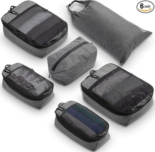 Compression Packing Cubes for Travel by TRIPPED – 6-Piece Premium Set with Laundry & Shoe Bag, Space Saving Travel Organizer Bags for Suitcase & Carry-On Luggage (Grey Mesh)
