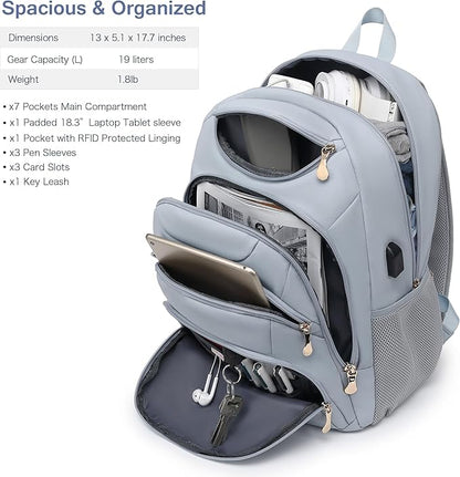 Boavan Laptop Backpack for women, 15.6 inch Laptop Bag with USB Port, Waterproof Travel Work Backpack Purse, Anti-Theft Teacher Nurse Doctor Casual Bookbags Office Business backpack，Blue