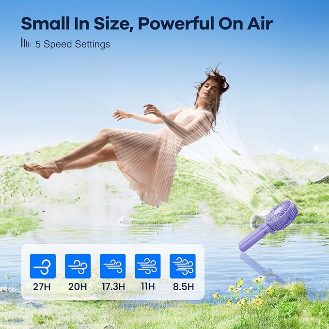 HandFan Upgraded Handheld Fan, 5 Speeds Strong Airflow Hand Fan [Max 27 Working Hours], 180° Foldable Compact Design Personal Fan Handheld with Portable Power for Travel/Disney/Concerts/Women (Purple)
