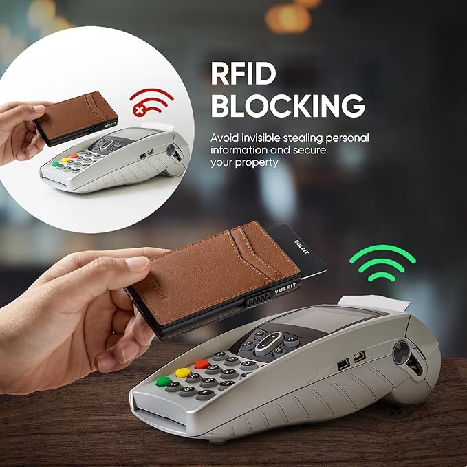 VULKIT Men's Slim Wallet Pop Up Card Holder RFID Blocking Metal Wallet Minimalist Design Holds Up to 11 Cards, Nappa Leather