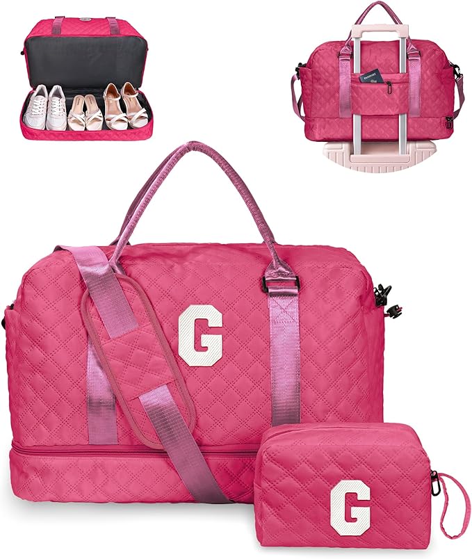 Gifts for College Girls, Personalized Initial Travel Bag with Shoe Compartment, Hot Pink, 12" x 7" x 2"
