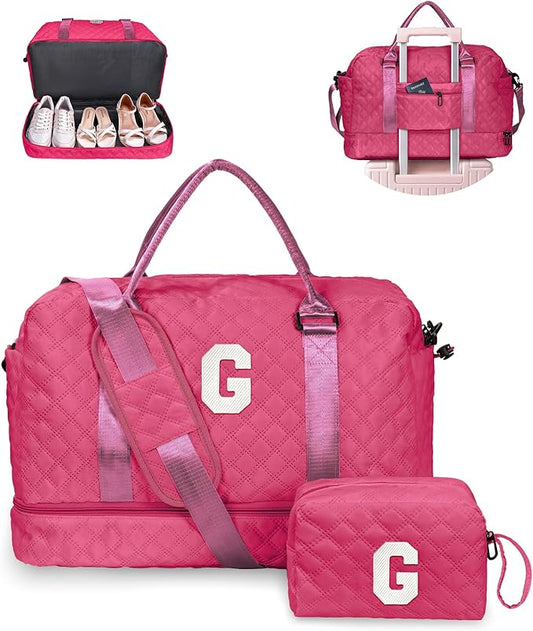 Gifts for College Girls, Personalized Initial Travel Bag with Shoe Compartment, Hot Pink, 12" x 7" x 2"