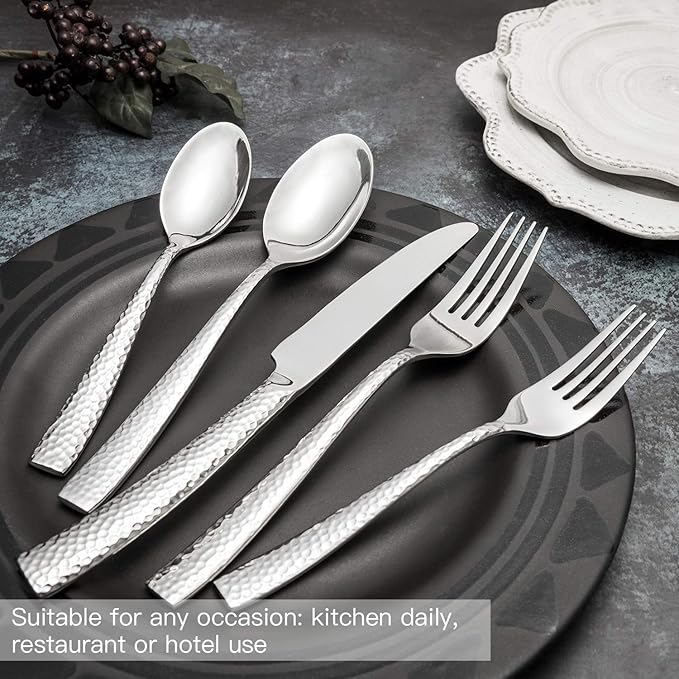 Silverware Set Flatware Set Hammered Pattern Stainless Steel Cutlery Set Silver Mirror Polished 40 Pieces Service for 8