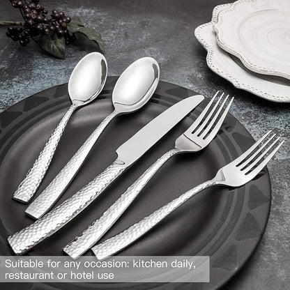 Silverware Set Flatware Set Hammered Pattern Stainless Steel Cutlery Set Silver Mirror Polished 40 Pieces Service for 8
