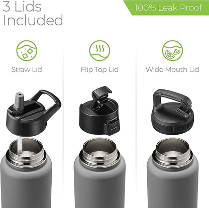 SipX™ Triple-Insulated Stainless Steel Water Bottle 32oz. With 3 Lids, BPA-Free Reusable Insulated Water Bottle Keeps Cold 24 Hours, Metal Water Bottle Made Of Sustainable Material For Hiking & Biking