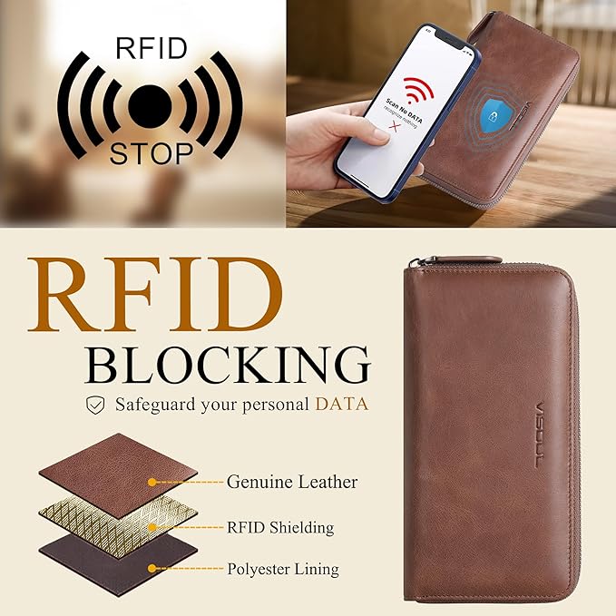 VISOUL Leather Long Zipper Pouch Wallet for Men and Women with RFID Blocking, Large Clutch Cash Long Wallet with Zipper (Brown)