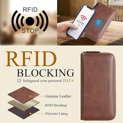 VISOUL Leather Long Zipper Pouch Wallet for Men and Women with RFID Blocking, Large Clutch Cash Long Wallet with Zipper (Brown)