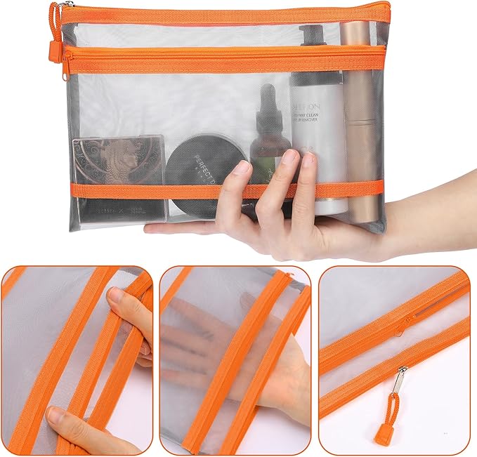 12 Pieces Zipper Nylon Mesh Pouch, Mesh Cosmetic Bags Makeup Bags Pencil Case, Multipurpose Travel Bags for Cosmetic School Office Supplies and Travel Accessories (2 Layers-Grey, A5)