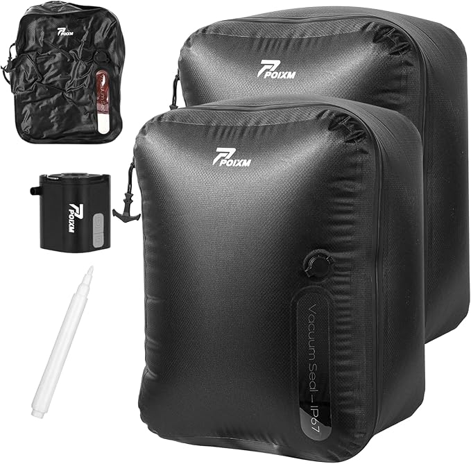 Vacuum Bags for Travel with Wireless Pump, 180° Open Zipper, IP67 Waterproof, Reusable Space Saver Compression Bags for Backpack, Suitcase, Home Storage(2 Pack + Pump)