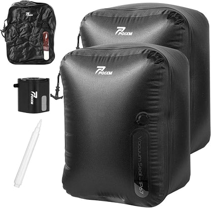 Vacuum Bags for Travel with Wireless Pump, 180° Open Zipper, IP67 Waterproof, Reusable Space Saver Compression Bags for Backpack, Suitcase, Home Storage(2 Pack + Pump)
