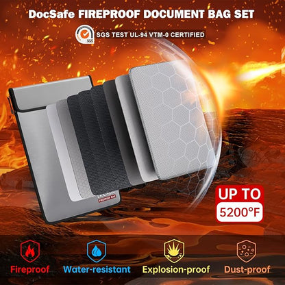 DocSafe Fireproof Document Bag (5200℉) with Fireproof Organizer Travel Case,Heat Insulated Fire＆Water Resistant 8 Layers Safe Money Bag Storage for Important Documents,Cash,Power Bank,Valuables,Gray