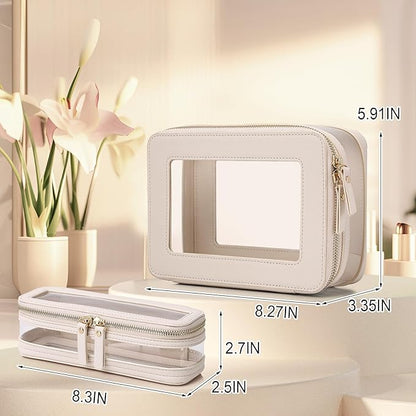 Pinkmik Clear Makeup Bag with Brush Case Travel Toiletry Bag Waterproof Cosmetic Organizer Car Essentials for Women (Beige, M+SLIM-1)