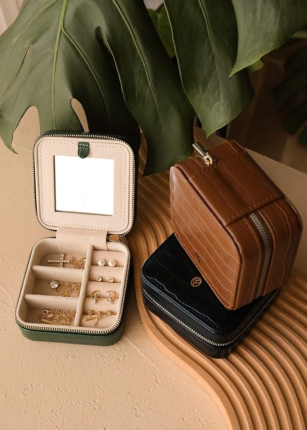 S.Leaf Travel Jewelry Organizer Boxes for Women Small Portable Necklace Earrings Bracelet Rings Travel Case Best Friend Birthday Gifts for Women Trendy (12_Pattern_Crocodile_Brown_01)