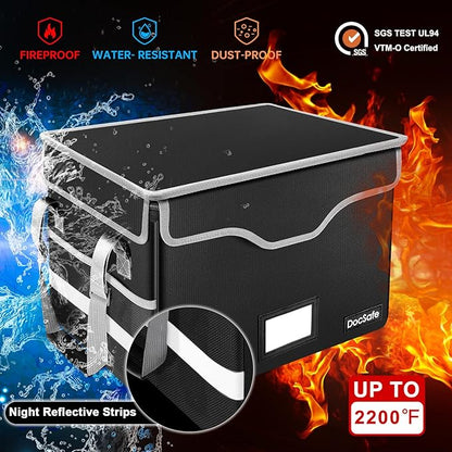 DocSafe Fireproof Document Box with Lock, File Storage Organizer with Mesh Pockets, Collapsible Portable File Box Home Office Safe Filing Cabinet with Handle for Hanging Letter/Legal Folder, Black