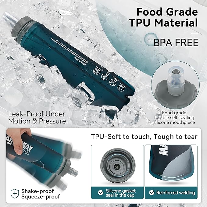 MARCHWAY Soft Hydration Flask with Wide Mouth, 300ml/500ml Collapsible TPU Water Bottle, Leakproof Portable Flexible for Running, Hiking, Cycling, Climbing, Gym, Travel (2pcs Blackish Green 500ml)