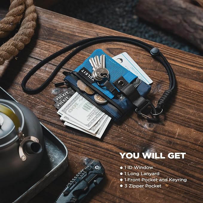 VULKIT Small RFID Wallet for Women & Men – Minimalist Zipper Wallet with ID Window, Keychain & Carabiner, Holds 15 Cards, Water Resistant Travel Lanyard Wallet Blue