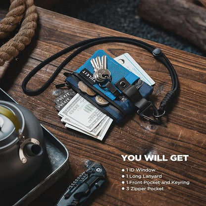 VULKIT Small RFID Wallet for Women & Men – Minimalist Zipper Wallet with ID Window, Keychain & Carabiner, Holds 15 Cards, Water Resistant Travel Lanyard Wallet Blue