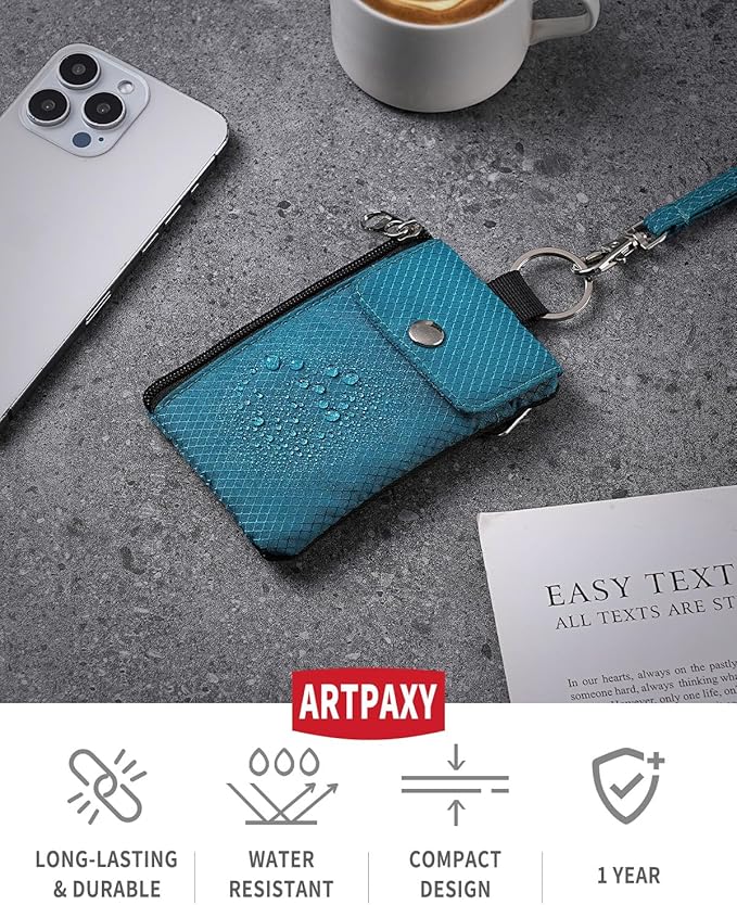 Minimalist Wallet For Mens Womens, Keychain RFID Blocking Zipper Small Wallet with ID Window 2 Lanyards,Water Resistant Travel Cash Card Coin Case Boys Girls