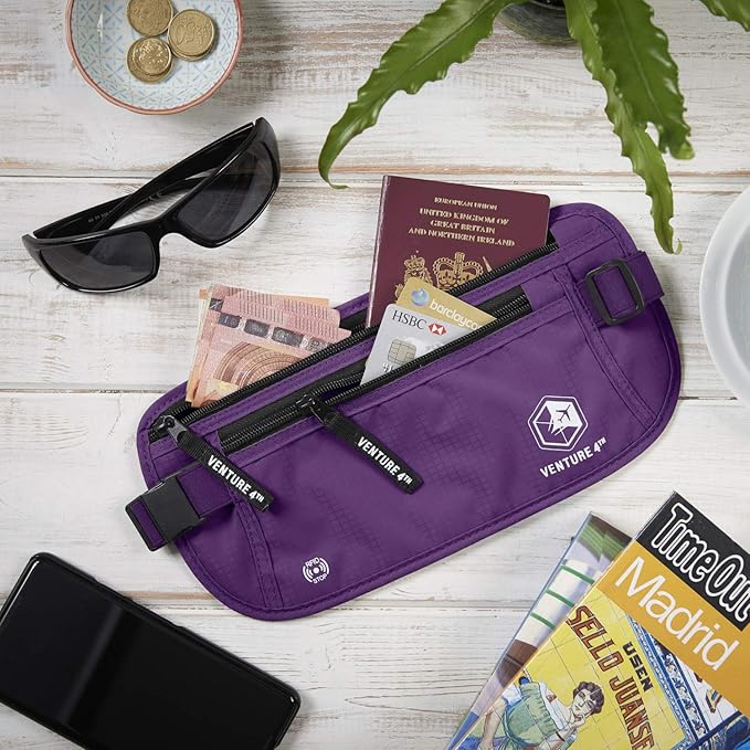 VENTURE 4TH Travel Money Belt - Slim Passport Holder RFID Blocking Travel Pouch to Protect Cash, Credit Cards and Travel Documents (Purple)