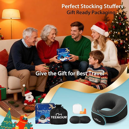 Travel Neck Pillow for Airplane -360° Support, Stocking Stuffers, Memory Foam Travel Pillows for Airplanes With Eye Mask & Earplugs, Portable Carry Bag for Long Flights/Car| Best Airplane Accessories