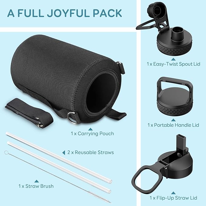 Coolflask 128 oz Gallon Water Bottle Insulated with Straw&3 Lids, Water Jug Large Stainless Steel Metal Vacuum Wide Mouth for Sports, Gym or Office, Non-BPA Keep Cold 48H Hot 24H, Samurai Cyan