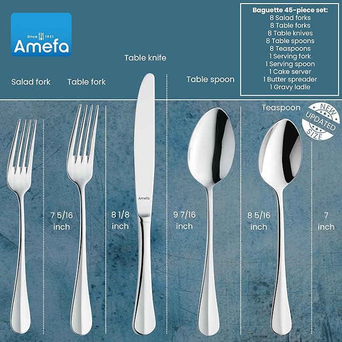 Amefa Baguette 45-Piece Flatware, Set for 8 – Stainless Steel Silverware, Polished Mirror Finish, Rust-Resistant Cutlery with Dinner Forks, Knives, Spoons, Salad Forks & Teaspoons for Everyday Dining