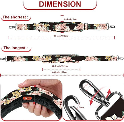 ZINZ 60" Universal Bag Strap with Ultra-Thick Fixed Breathable Pad Adjustable Heavy-Duty Shoulder Strap for Laptop Bag Crossbody Luggage Gym Bag Camera Bag and More,Black Flower