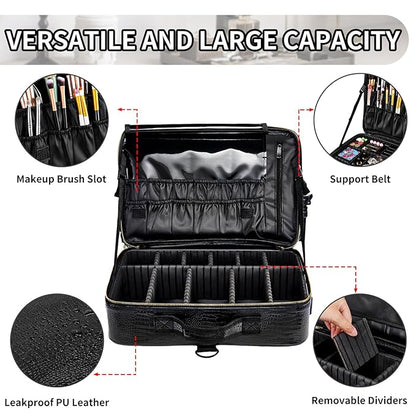 gzcz Large Capacity Travel Makeup Case Organizer,Professional Cosmetic Bags for Women,Waterproof PU Leather Makeup Bag with Adjustable Dividers and Shoulder Strap for Brushes and Jewelry