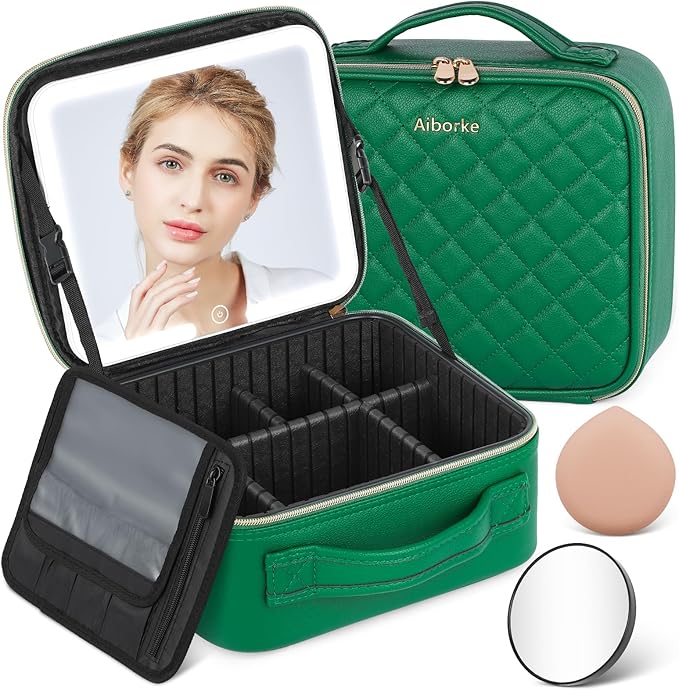 Travel Makeup Bag with Led Mirror Make up Case with Lighted Mirror Cosmetic Organizer bag with Adjustable Dividers and 5X Magnifying Mirror Makeup Box Vanity Case for Women